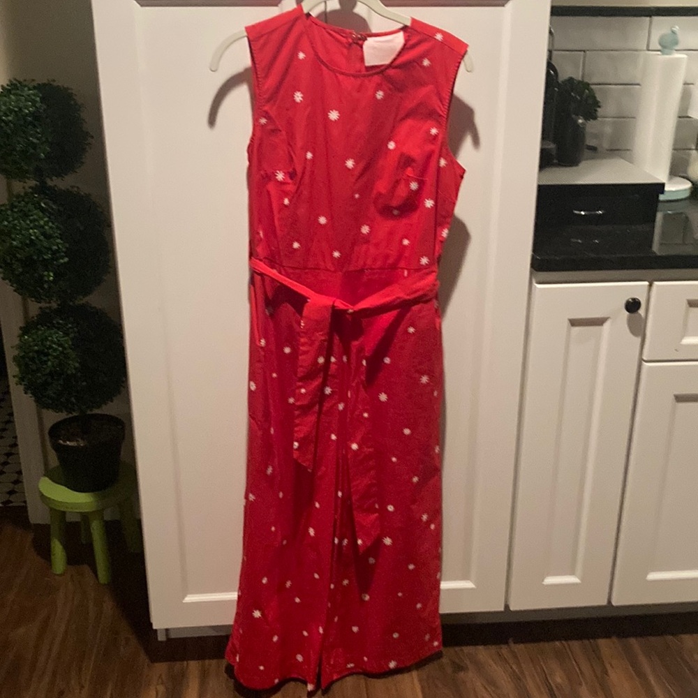 Red Sleeveless Jumpsuit with White Polka Dots